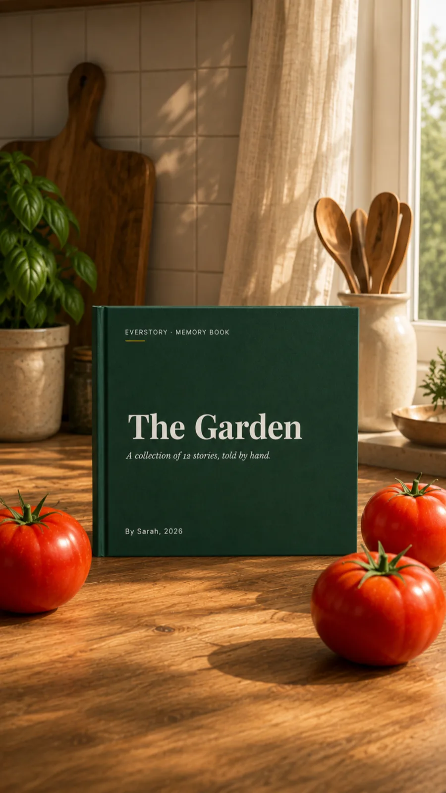 Згенерована сцена: книга сімейних історій «The Garden» на кухонному столі серед помідорів і базиліку