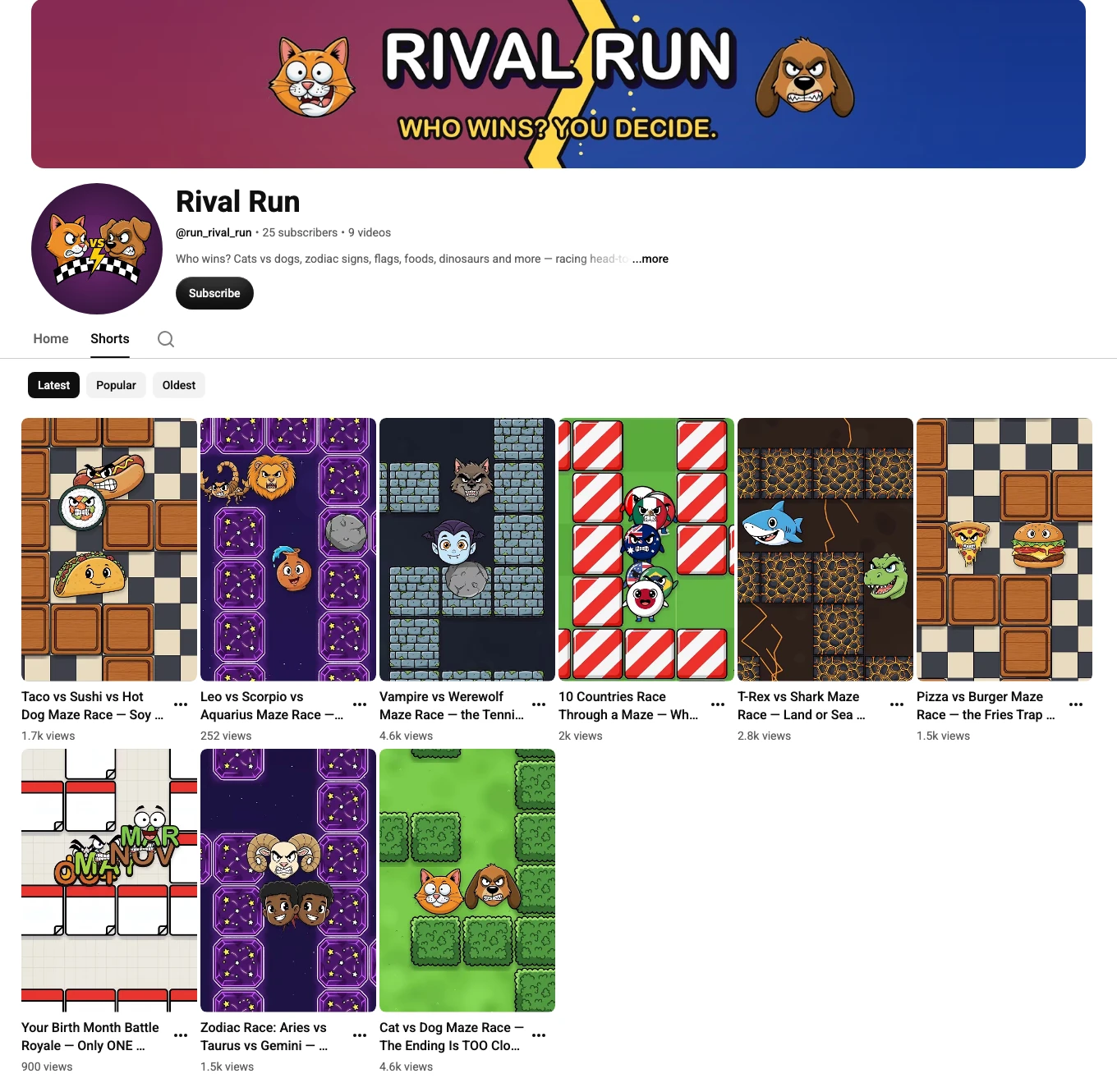 Канал Rival Run на YouTube: банер, аватар і дев'ять роликів із лічильниками переглядів — найкращий 4,6 тис.